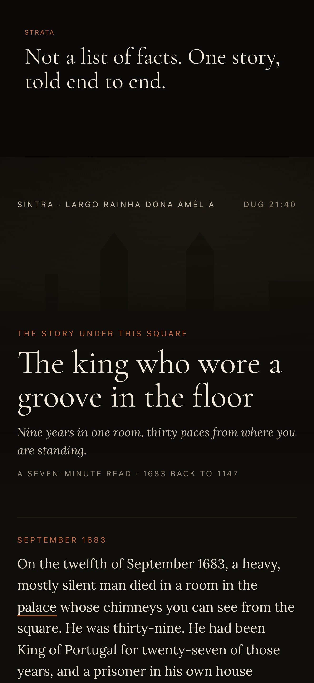 A Strata dig story open in the app — the king who wore a groove in the floor